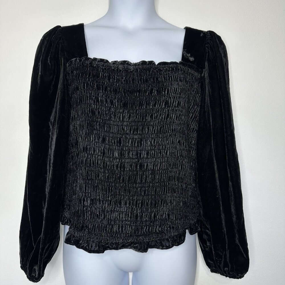 Whimsigoth Velvet Black Smocked Top 2X‎ Cropped Puff Sleeve
